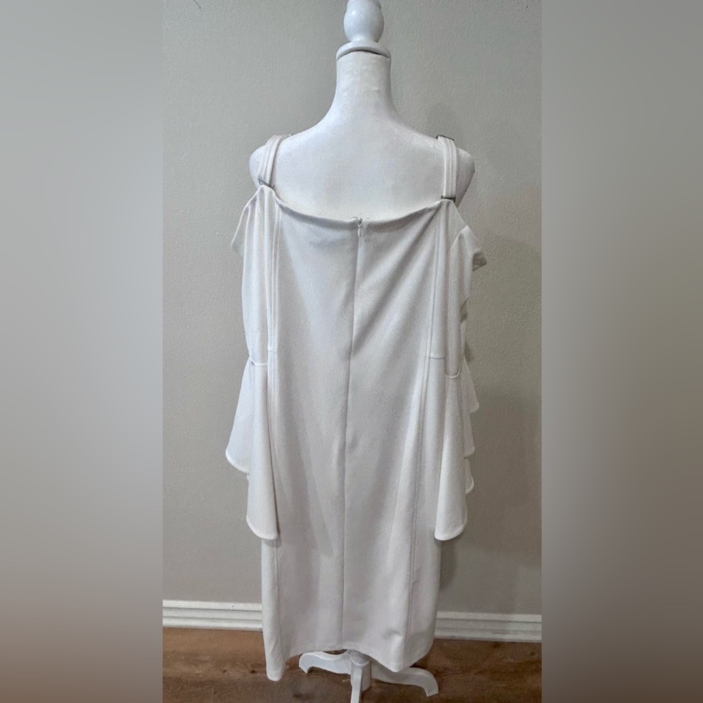 🤍”R & M Richards” NWOT White Cold-Shoulder Midi Dress w/Ruffled Sleeves - Picture 4 of 14
